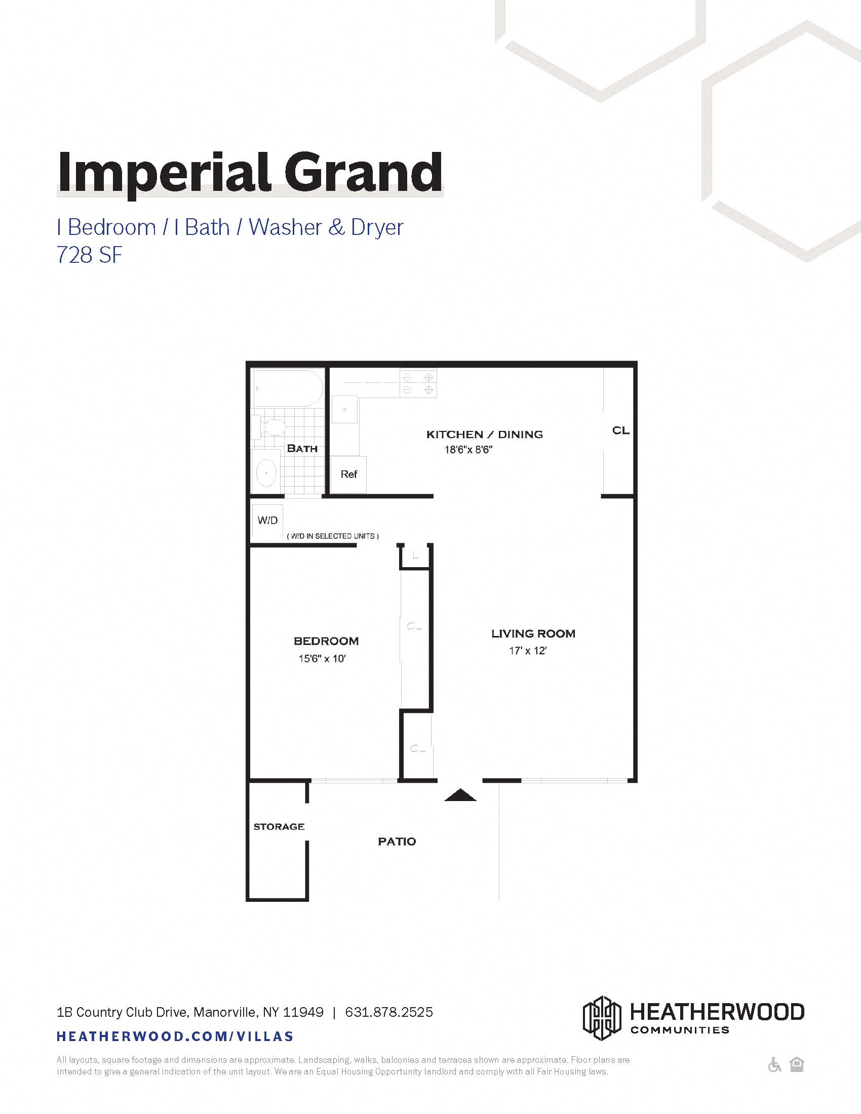 Floor plan for 1 bed, 1 bath, 728 sqft